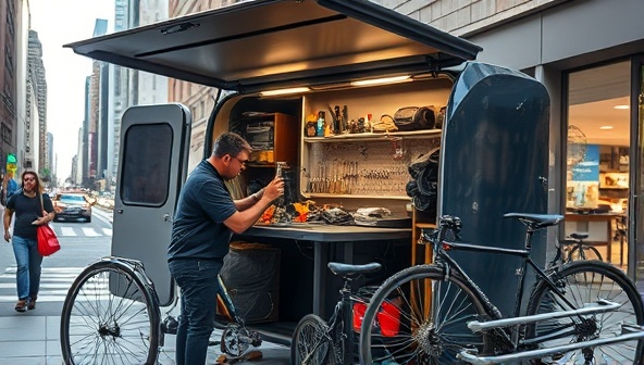 A dynamic image of a mobile bike repair workshop set up on a bustling city street, with a skilled technician working on a bike while engaging with a satisfied customer, surrounded by tools and spare parts, showcasing the convenience and expertise of RollingWrenches Repairs' mobile service.