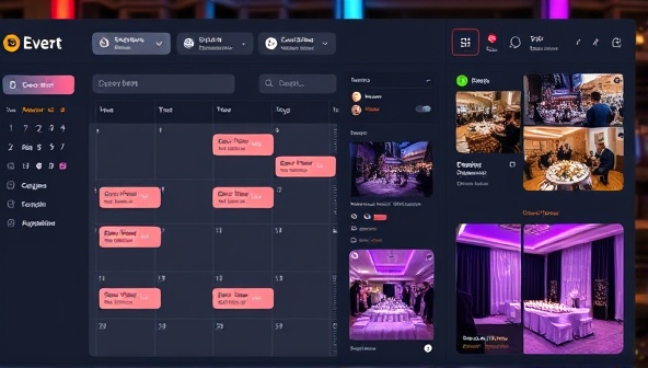 An interactive event planning dashboard displaying a calendar, budget tracker, vendor contacts, and event theme inspirations, conveying efficiency and creativity in organizing virtual events seamlessly.