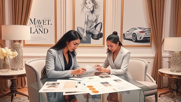 An elegant and sophisticated visual depiction of a designer and client engaging in a detailed web design consultation session in a luxurious setting, surrounded by design sketches, color swatches, and digital mockups, showcasing the bespoke and tailored nature of the service.