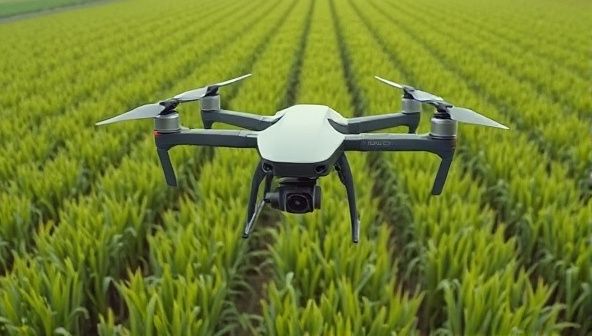 A high-tech drone hovering over a lush green field, equipped with sensors and cameras capturing detailed images of crops, highlighting the precision and efficiency of drone technology in agriculture.