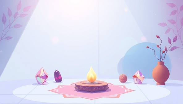 A serene digital illustration featuring a tranquil virtual space with elements like crystals, incense, and soothing colors, representing a harmonious and peaceful environment for holistic healing sessions within the online marketplace.