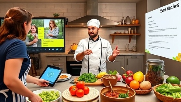 An interactive virtual cooking class scene featuring a chef guiding participants through a recipe demonstration, showcasing fresh ingredients, cooking utensils, and a digital recipe display, creating a dynamic and engaging culinary learning experience in a virtual kitchen setting.