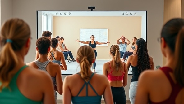 A vibrant and energetic virtual fitness class with diverse participants following an instructor on a screen, showcasing the convenience and inclusivity of FitFlow Online.