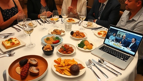 An elegantly set table with an assortment of gourmet foods and beverages, accompanied by tasting notes, a laptop displaying a virtual tasting event, and participants engaging in a lively discussion, portraying a sophisticated and interactive gastronomic experience.