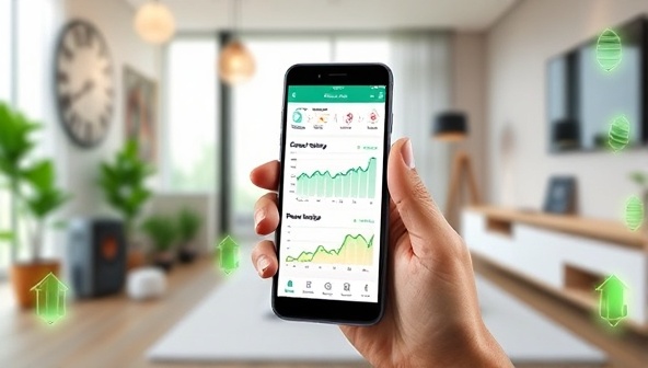 An interactive smartphone display showing the EcoSmart Connect app interface with energy monitoring graphs, smart device controls, and personalized energy-saving suggestions, set against a modern smart home background with IoT gadgets and green energy icons, illustrating the convenience and efficiency of smart energy management.