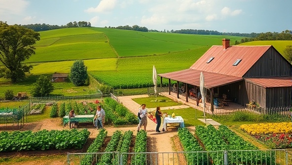 A serene image of a rustic farmhouse surrounded by lush green fields and gardens, with guests participating in farm activities, harvesting vegetables, and enjoying farm-fresh meals outdoors, capturing the essence of a peaceful and immersive agri-tourism farm stay experience.