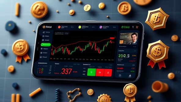 An engaging app interface displaying a dynamic stock market dashboard with colorful charts and interactive trading options, surrounded by game elements like leaderboards and achievement badges, illustrating the fusion of investing and gamification.