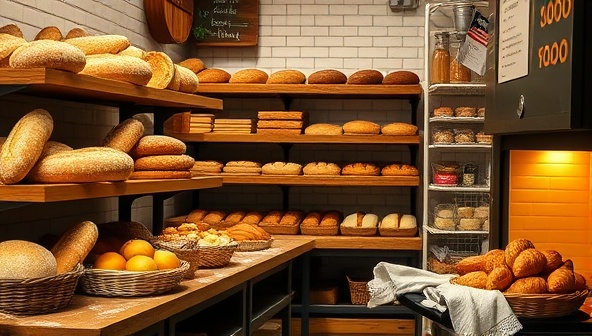 A cozy and inviting bakery setting with shelves filled with rustic sourdough loaves, flaky croissants, and buttery pastries, accompanied by a flour-dusted work surface, baskets of fresh ingredients, and a warm oven emitting golden hues, evoking a sense of artisanal craftsmanship and culinary warmth.