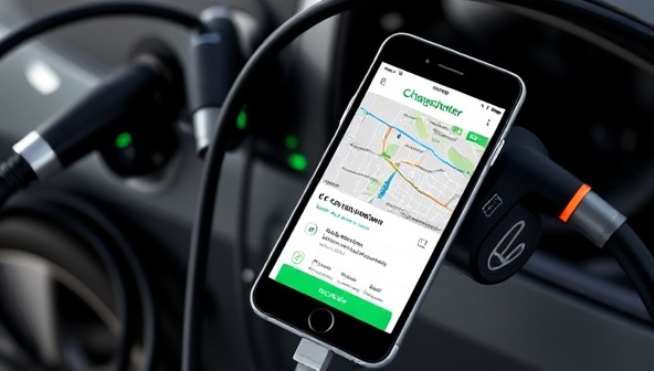 A smartphone displaying the ChargeSpotter app interface with a map showing nearby electric vehicle charging stations, detailed station information, and user ratings, surrounded by EV charging cables and a modern electric car, illustrating the convenience and efficiency of the app for EV owners on-the-go.