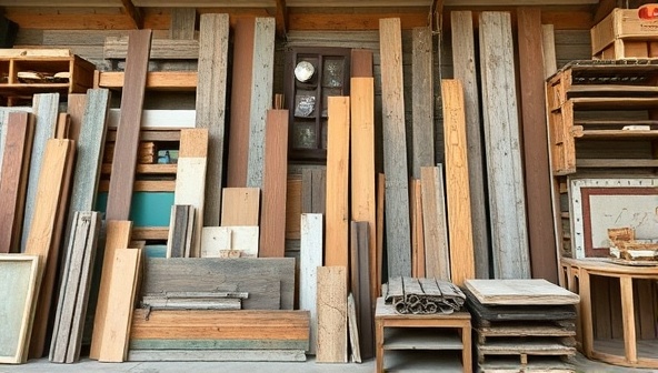 An image displaying a variety of upcycled construction materials arranged in an artistic and visually appealing manner, showcasing the store's diverse inventory and creative potential for unique DIY projects and sustainable building solutions.