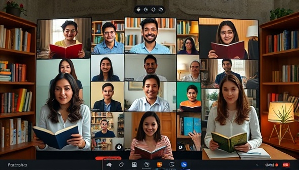 A virtual event setup with a diverse group of participants engaging in a poetry reading session via video call, with bookshelves and cozy reading corners in the background, creating a warm and welcoming virtual poetry club ambiance.