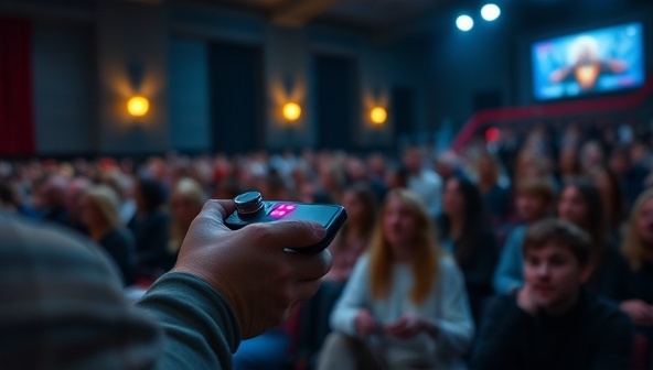 An audience member holding a remote control, actively participating in a movie scene where the character's fate depends on the viewer's choices, creating an immersive and engaging atmosphere.