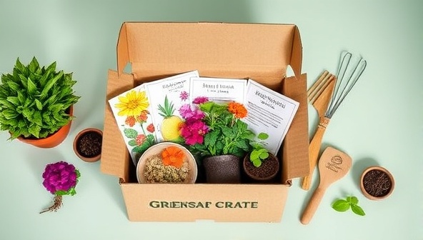 An artistic flat lay image of a Greenscape Crate subscription box open to reveal colorful plant seedlings, gardening tools, and a beautifully illustrated planting guide, evoking a sense of excitement and inspiration for gardening enthusiasts.