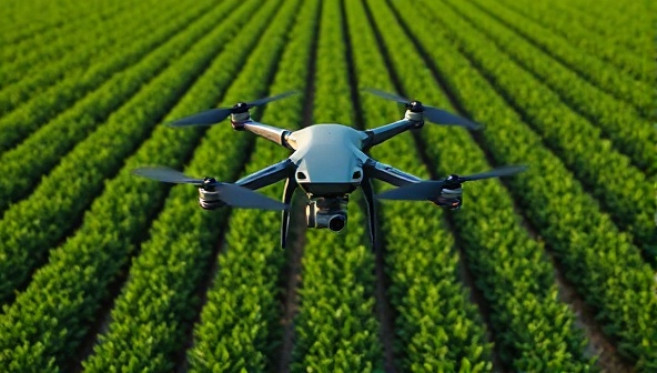 An aerial view captured by a drone showing lush green farmland with precision rows of crops, highlighting the efficiency and accuracy of agricultural drone services in optimizing crop health and productivity.