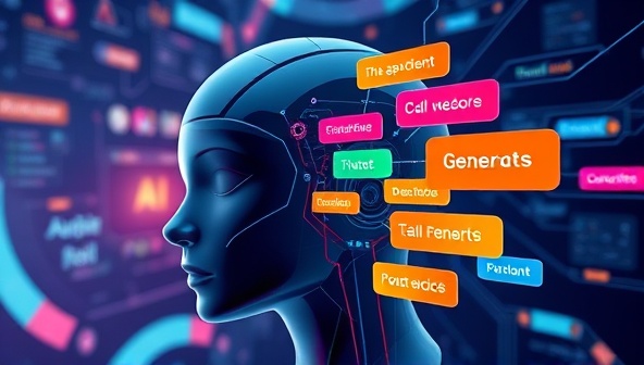 An illustration of a sleek, futuristic AI interface with colorful text bubbles representing different types of content being generated, conveying speed, diversity, and innovation in content creation.