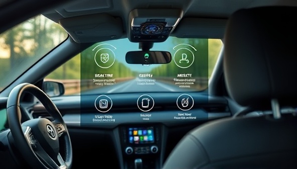 An image of a car interior with a high-tech security system display showcasing real-time tracking and remote control features, emphasizing safety and peace of mind for drivers.