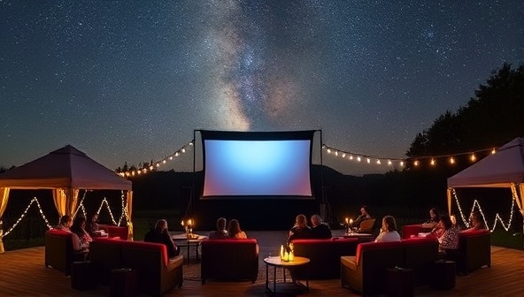 A picturesque outdoor setup with a large screen against a starry night sky, surrounded by cozy seating areas, fairy lights, and guests enjoying a movie together, creating a magical and enchanting outdoor cinema experience.