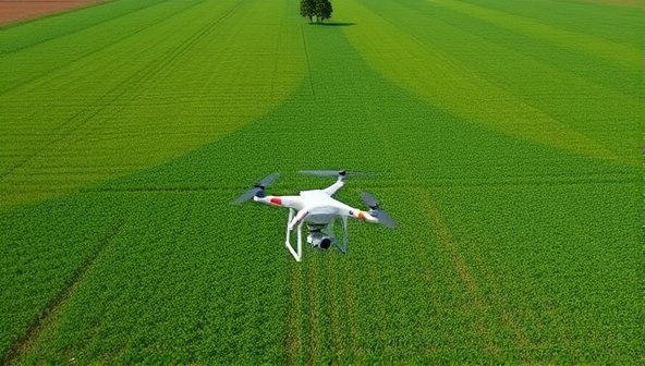 A stunning aerial shot of lush green farmland captured by a drone, showcasing the vast expanse of crops and the precision of drone technology in agricultural monitoring.