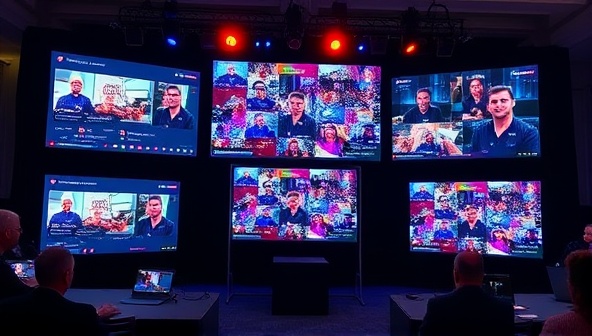 A virtual event setup with multiple screens displaying interactive elements, live chat features, and engaging visuals, creating a dynamic and immersive online event experience that mirrors a physical event environment.