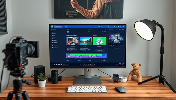 An editing workstation setup with ClipCraft AI's interface displayed on a computer screen, showcasing the AI-powered editing tools, real-time preview options, and intuitive editing functionalities, surrounded by video equipment and creative props, illustrating the seamless and efficient video editing process with AI assistance.