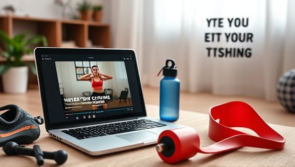 A dynamic virtual fitness coaching setup with a laptop displaying workout videos, fitness equipment, water bottle, and motivational quotes in a home environment, inspiring a sense of energy, health, and commitment to fitness goals.