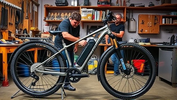 A workshop setting with bike mechanics working on a traditional bicycle, installing electric components and batteries, surrounded by tools and equipment, with a sleek electric bike conversion kit displayed prominently, highlighting the transformation process and technical expertise of the workshop.