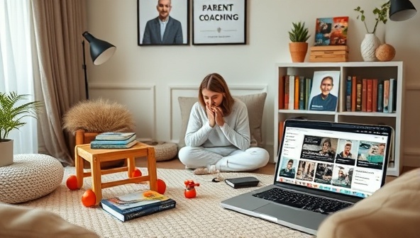 A cozy home office setup with a parent coaching session in progress on a virtual call, with parenting books, child development toys, and a laptop displaying parenting resources, creating a warm and supportive environment for millennial parents seeking online coaching services.