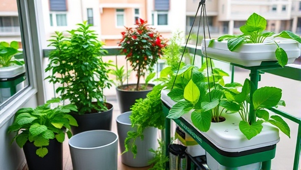An urban apartment balcony transformed into a lush green oasis with a HydroHarvest hydroponic kit showcasing vibrant vegetables and herbs growing in a compact, smart setup.