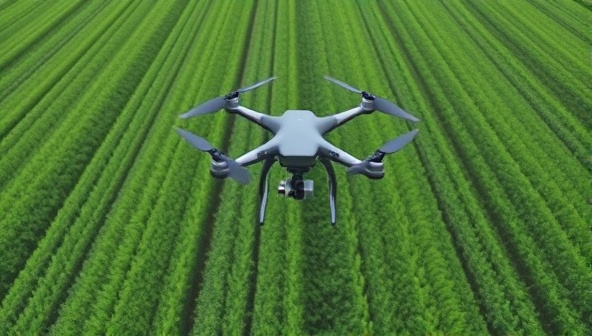 A captivating aerial shot captured by a drone showing a lush green crop field with distinct patterns and variations, highlighting the potential for precision agriculture and crop monitoring using drone technology.