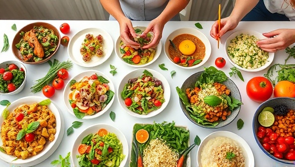A diverse array of colorful, plant-based meals elegantly arranged on a table, accompanied by fresh herbs and ingredients, with a nutrition coach providing guidance to a client on meal choices and wellness practices, conveying a sense of balance, health, and vitality.