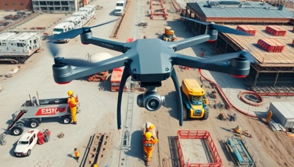An aerial view captured by a construction drone showing a busy worksite with workers in hard hats, machinery in motion, and detailed progress tracking, illustrating the efficiency and precision of SkyBuild Solutions' autonomous drone services in the construction industry.