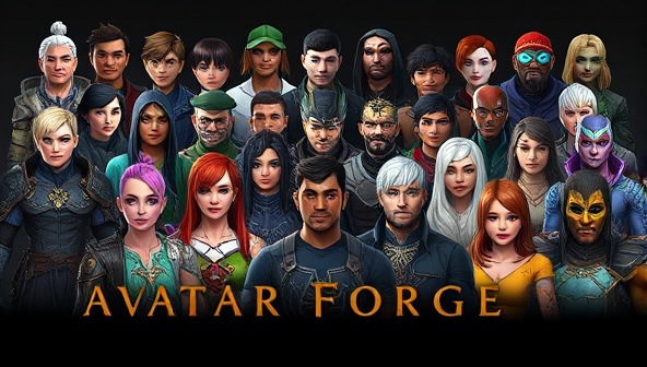 An artistic representation of a diverse group of customized virtual gaming avatars in various styles and themes, showcasing the creative possibilities and unique designs available through the Avatar Forge service.