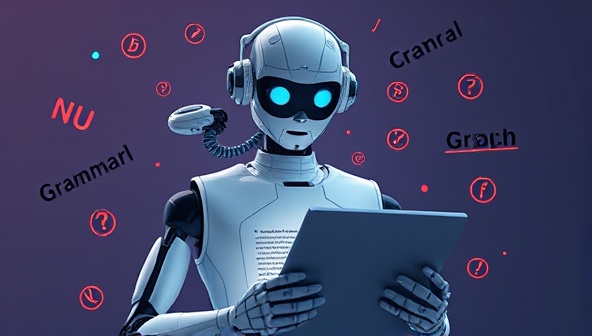 An AI-powered robot assistant hovering over a writer's shoulder, analyzing text on a digital screen and suggesting real-time improvements, surrounded by floating grammar and punctuation symbols, illustrating the tool's smart and helpful nature in writing enhancement.