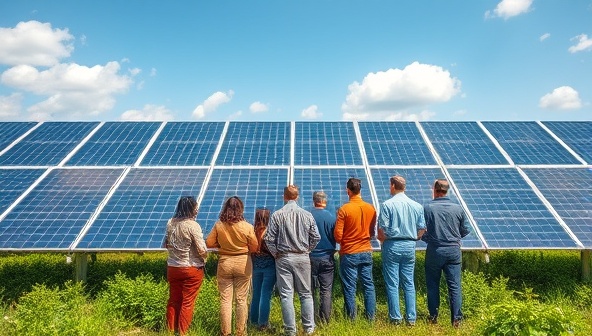 An immersive visualization of a solar panel farm with diverse investors standing together, symbolizing community collaboration and renewable energy investments.