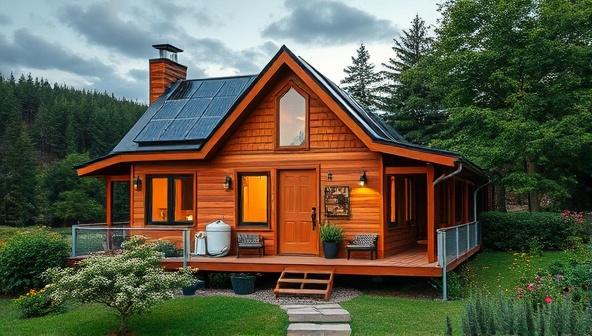 An enchanting exterior view of a beautifully crafted tiny house nestled amidst a scenic natural setting, featuring solar panels, a rainwater harvesting system, and lush green surroundings, symbolizing harmony between modern living and nature.
