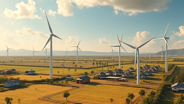 An artistic rendering of a rural village landscape with wind turbines generating electricity, connected to a micro-grid that powers homes and buildings, showcasing the harmony between renewable energy solutions and community empowerment in WindVillage Micro-Grid projects.