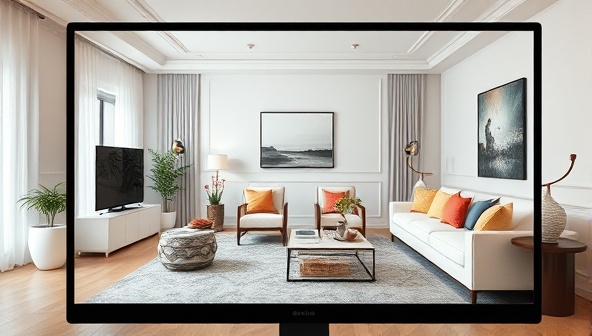 An elegant virtual living room design on a computer screen, showcasing a blend of modern and cozy elements with pops of color and texture, inspiring a warm and inviting ambiance.