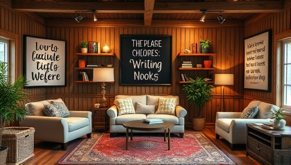 An inviting virtual retreat setting with cozy writing nooks, inspirational quotes, and virtual meeting spaces, creating a serene and productive atmosphere for writers to immerse themselves in their projects.