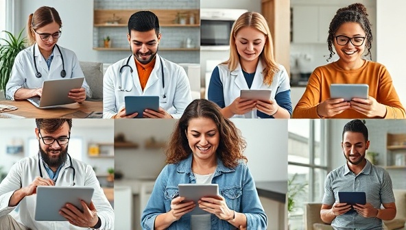 A diverse group of individuals engaging in virtual medical consultations on various devices, showcasing the ease and accessibility of telemedicine services from different locations, such as home, office, or outdoors.