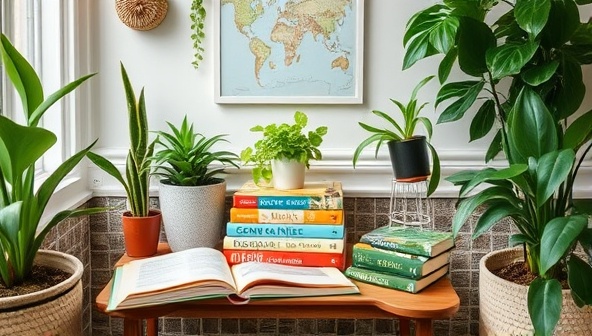 A cozy reading nook surrounded by potted plants, eco-friendly decor, and a stack of sustainable travel books, inviting viewers to immerse themselves in the enlightening and educational world of GreenFootprints Book Club.