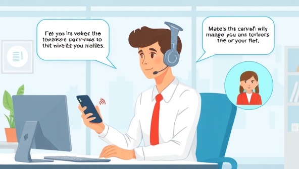 An office setting illustration showing a business professional interacting with a voice assistant device to manage tasks and inquiries, with speech bubbles symbolizing voice interactions and a digital assistant avatar, reflecting the seamless integration and convenience provided by VoiceBiz Assist.