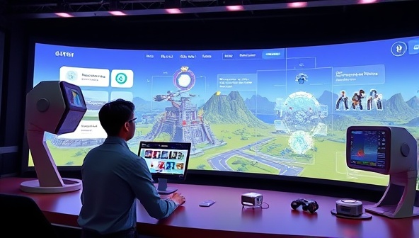An AI-powered virtual assistant guiding a game developer through the process of creating a virtual world, optimizing game mechanics, and receiving real-time feedback on design improvements, showcasing the platform's AI-driven game development capabilities.