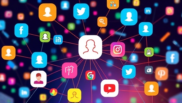 A vibrant digital illustration featuring a network of interconnected social media profiles and brand logos, symbolizing the seamless connection between influencers and advertisers on InfluenceHub.