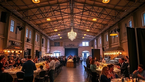 An image of a transformed warehouse space featuring a pop-up dining experience with guests enjoying a multi-course meal under dazzling lights and interactive food stations, capturing the essence of a vibrant and immersive culinary event.