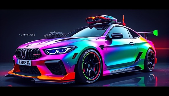 An imaginative digital rendering of a customized car with vibrant colors, unique accessories, and futuristic elements, showcasing the endless possibilities of customization through the CustomRide Studio platform.