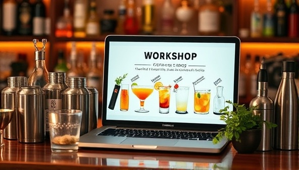 An aesthetically pleasing bar setup with cocktail shakers, fresh ingredients, and a laptop displaying a virtual cocktail making workshop, exuding a lively and engaging atmosphere perfect for mixology enthusiasts.