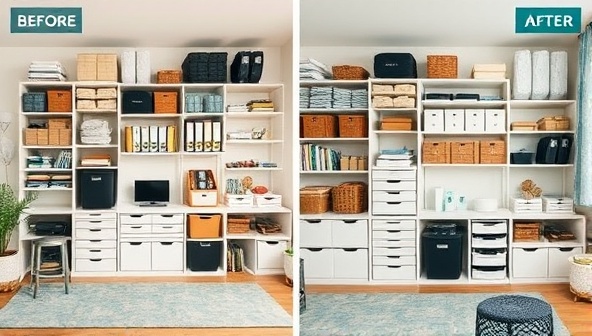 An organized and clutter-free living space transformed by professional organizers, showcasing before-and-after images of a decluttered room, neatly arranged shelves, and optimized storage solutions, creating a sense of harmony and efficiency in home organization.