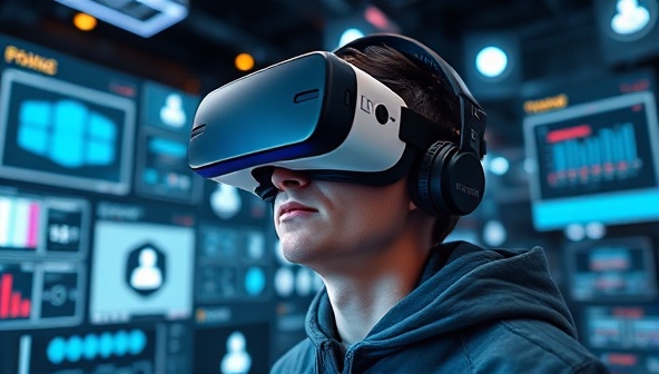 A dynamic and futuristic visualization of a user wearing VR goggles and interacting with virtual training modules, surrounded by digital interfaces and learning tools, highlighting the immersive experience offered by SkillSphere Academy.