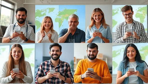A diverse group of individuals from different cultural backgrounds engaging in a virtual language learning session, each interacting with the platform's features while enjoying a virtual trip around the world, showcasing the immersive and interactive nature of the learning experience.