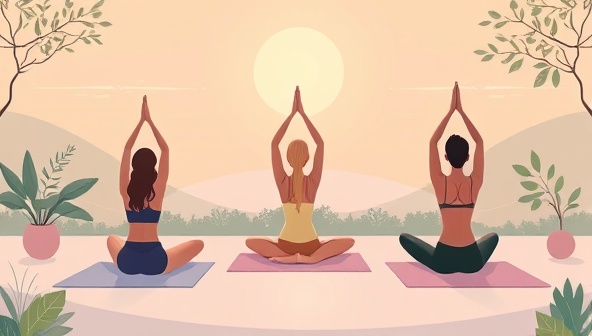 A serene digital illustration depicting a virtual yoga session with participants in various poses, surrounded by calming nature elements and tranquil vibes, creating a virtual retreat atmosphere that promotes relaxation and inner peace.
